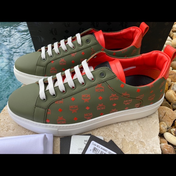 MCM Moss Green Visetos Leather Men's Sneakers - Picture 2 of 9